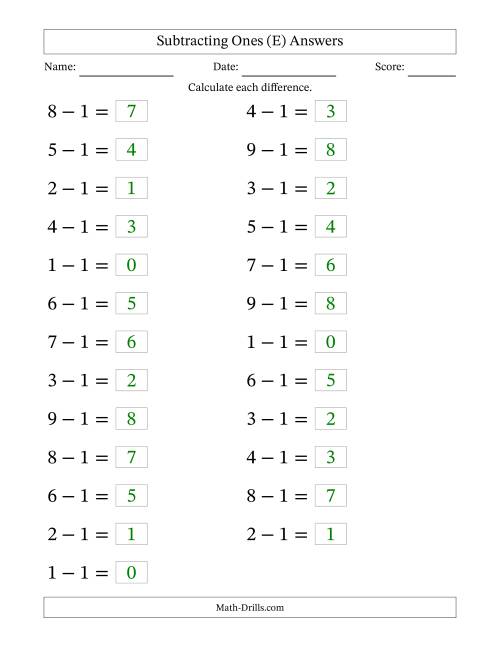 The Horizontally Arranged Subtracting Ones from Single-Digit Minuends (25 Questions; Large Print) (E) Math Worksheet Page 2