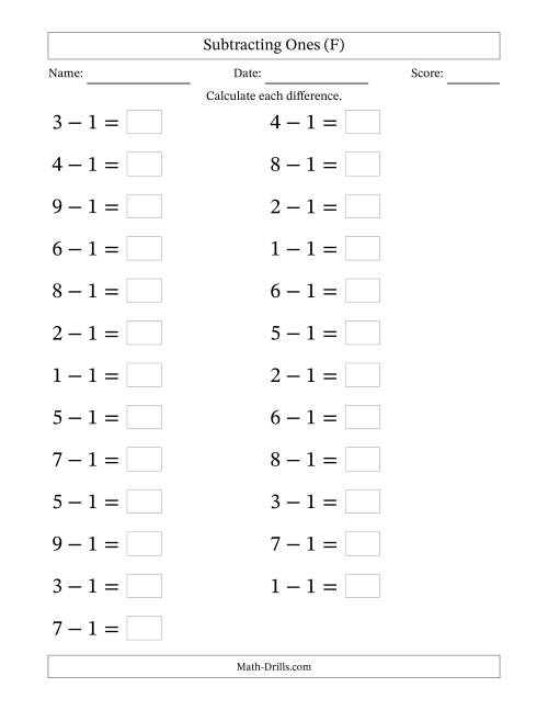 The Horizontally Arranged Subtracting Ones from Single-Digit Minuends (25 Questions; Large Print) (F) Math Worksheet