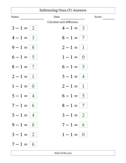 The Horizontally Arranged Subtracting Ones from Single-Digit Minuends (25 Questions; Large Print) (F) Math Worksheet Page 2