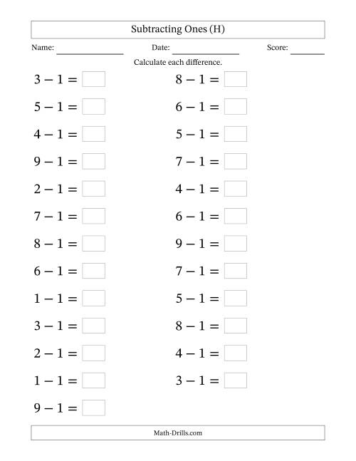 The Horizontally Arranged Subtracting Ones from Single-Digit Minuends (25 Questions; Large Print) (H) Math Worksheet