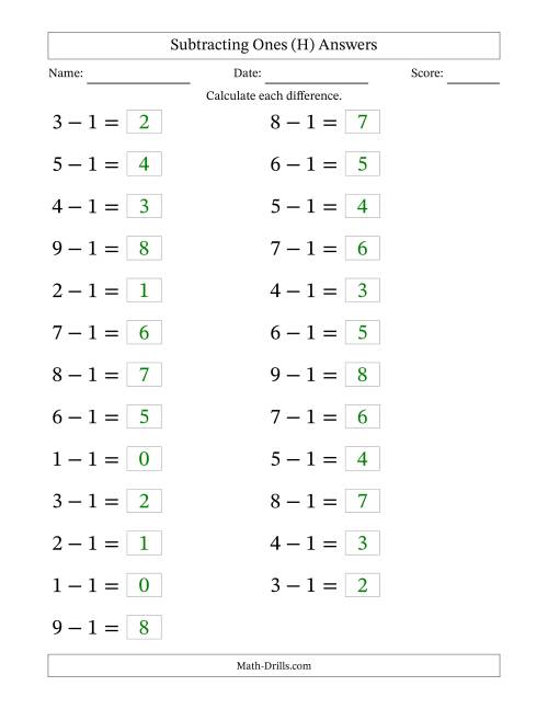 The Horizontally Arranged Subtracting Ones from Single-Digit Minuends (25 Questions; Large Print) (H) Math Worksheet Page 2