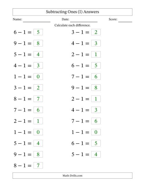 The Horizontally Arranged Subtracting Ones from Single-Digit Minuends (25 Questions; Large Print) (I) Math Worksheet Page 2
