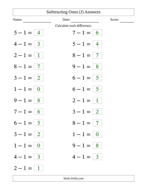 The Horizontally Arranged Subtracting Ones from Single-Digit Minuends (25 Questions; Large Print) (J) Math Worksheet Page 2