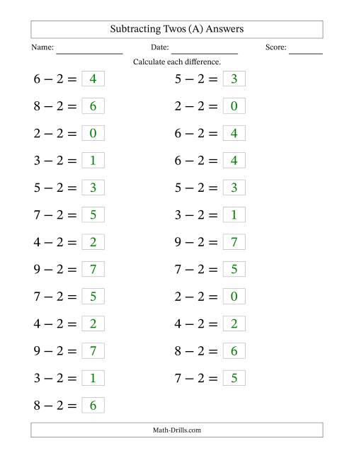 The Horizontally Arranged Subtracting Twos from Single-Digit Minuends (25 Questions; Large Print) (A) Math Worksheet Page 2