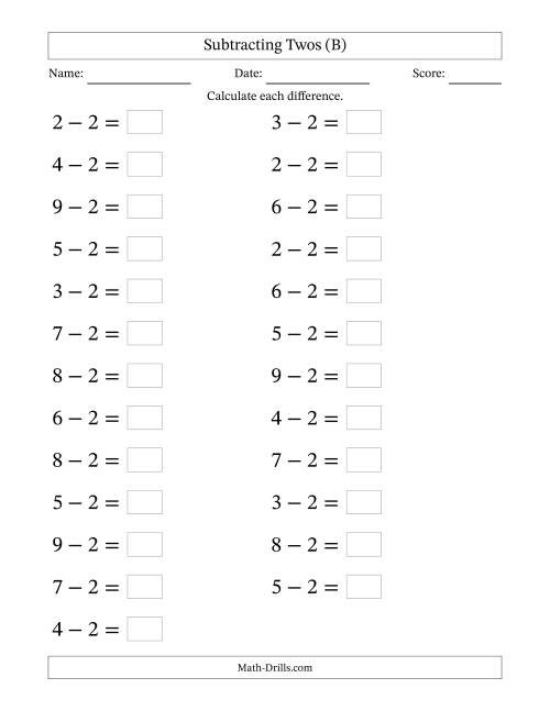 The Horizontally Arranged Subtracting Twos from Single-Digit Minuends (25 Questions; Large Print) (B) Math Worksheet