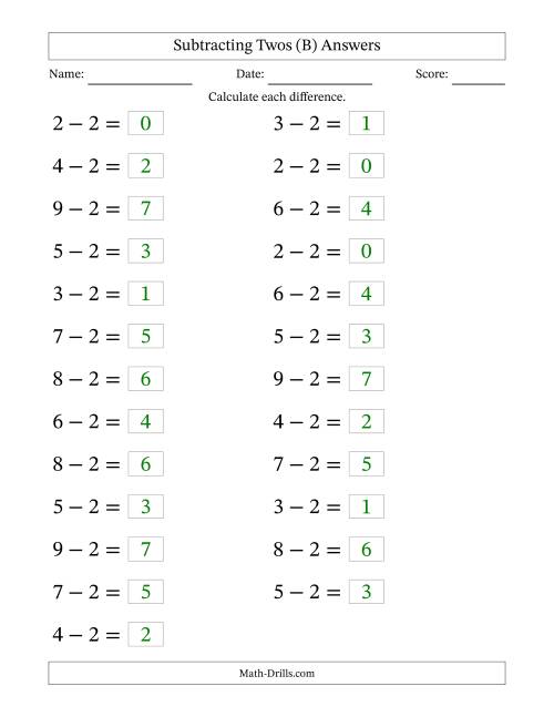 The Horizontally Arranged Subtracting Twos from Single-Digit Minuends (25 Questions; Large Print) (B) Math Worksheet Page 2