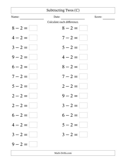 The Horizontally Arranged Subtracting Twos from Single-Digit Minuends (25 Questions; Large Print) (C) Math Worksheet