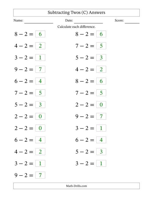 The Horizontally Arranged Subtracting Twos from Single-Digit Minuends (25 Questions; Large Print) (C) Math Worksheet Page 2