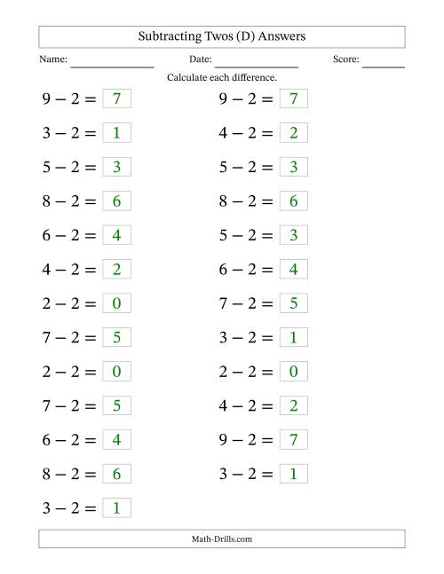 The Horizontally Arranged Subtracting Twos from Single-Digit Minuends (25 Questions; Large Print) (D) Math Worksheet Page 2