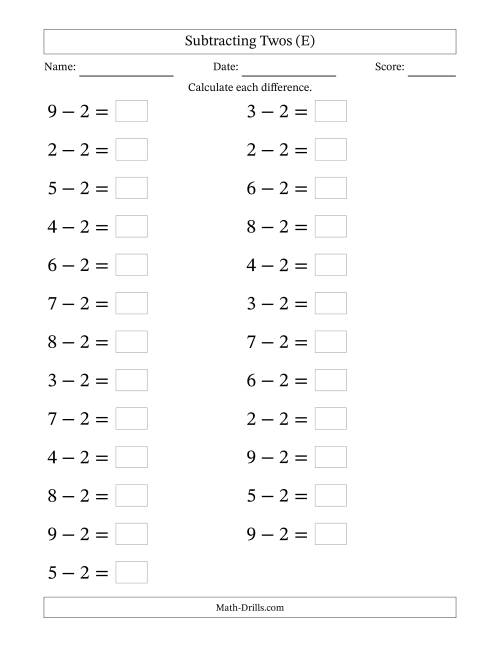 The Horizontally Arranged Subtracting Twos from Single-Digit Minuends (25 Questions; Large Print) (E) Math Worksheet