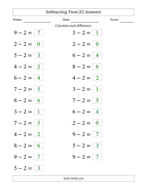 The Horizontally Arranged Subtracting Twos from Single-Digit Minuends (25 Questions; Large Print) (E) Math Worksheet Page 2