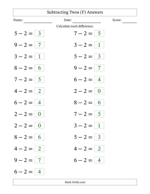 The Horizontally Arranged Subtracting Twos from Single-Digit Minuends (25 Questions; Large Print) (F) Math Worksheet Page 2