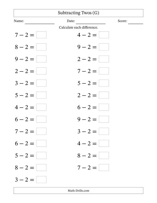 The Horizontally Arranged Subtracting Twos from Single-Digit Minuends (25 Questions; Large Print) (G) Math Worksheet