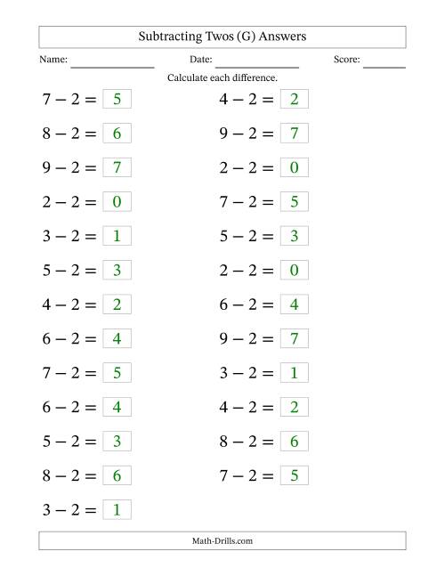 The Horizontally Arranged Subtracting Twos from Single-Digit Minuends (25 Questions; Large Print) (G) Math Worksheet Page 2