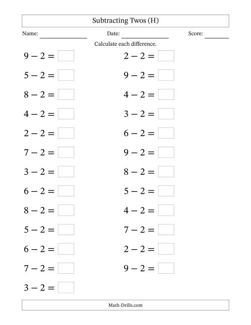 The Horizontally Arranged Subtracting Twos from Single-Digit Minuends (25 Questions; Large Print) (H) Math Worksheet