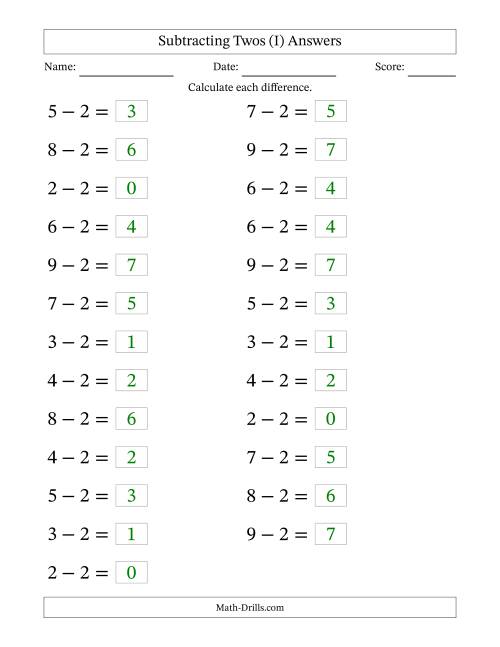 The Subtraction Facts -- Subtracting Twos (I) Math Worksheet Page 2