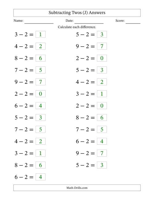 The Horizontally Arranged Subtracting Twos from Single-Digit Minuends (25 Questions; Large Print) (J) Math Worksheet Page 2
