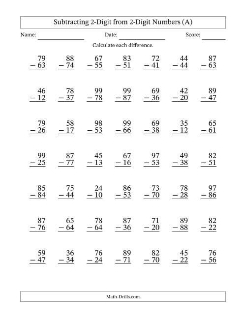The 2-Digit Minus 2-Digit Subtraction with NO Regrouping (A) Math Worksheet