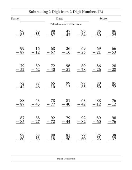 The Subtracting 2-Digit from 2-Digit Numbers With No Regrouping (49 Questions) (B) Math Worksheet