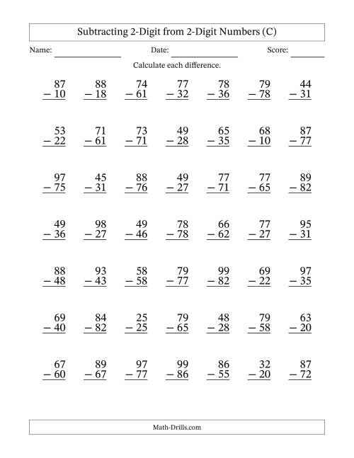 The Subtracting 2-Digit from 2-Digit Numbers With No Regrouping (49 Questions) (C) Math Worksheet