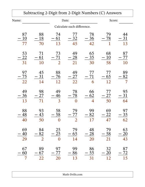 The Subtracting 2-Digit from 2-Digit Numbers With No Regrouping (49 Questions) (C) Math Worksheet Page 2