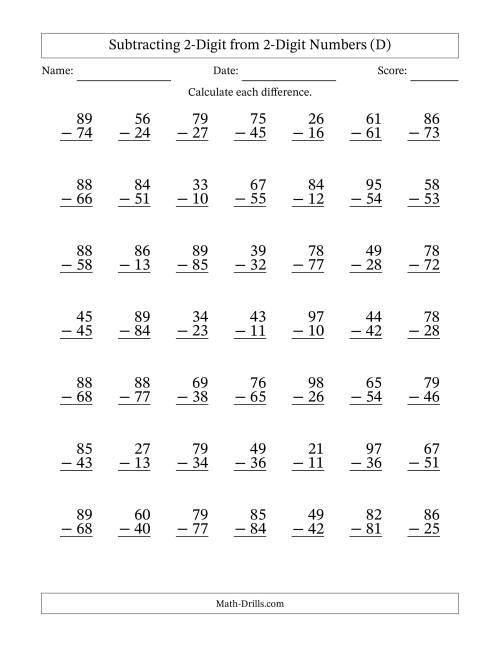The Subtracting 2-Digit from 2-Digit Numbers With No Regrouping (49 Questions) (D) Math Worksheet