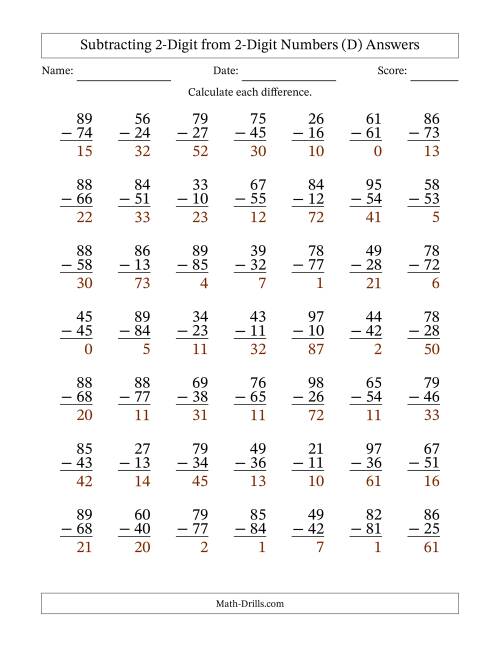 The Subtracting 2-Digit from 2-Digit Numbers With No Regrouping (49 Questions) (D) Math Worksheet Page 2
