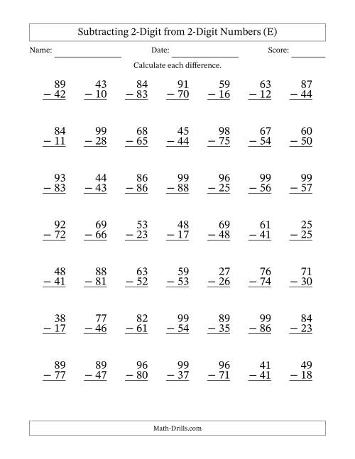 The Subtracting 2-Digit from 2-Digit Numbers With No Regrouping (49 Questions) (E) Math Worksheet