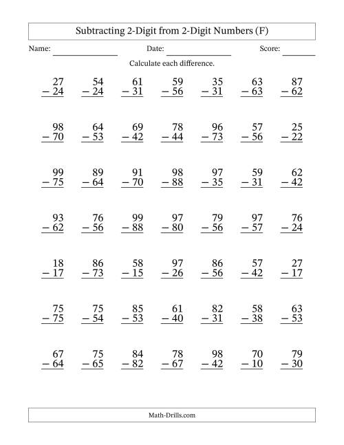 The Subtracting 2-Digit from 2-Digit Numbers With No Regrouping (49 Questions) (F) Math Worksheet