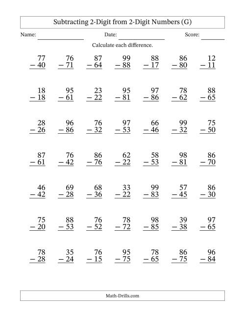 The Subtracting 2-Digit from 2-Digit Numbers With No Regrouping (49 Questions) (G) Math Worksheet