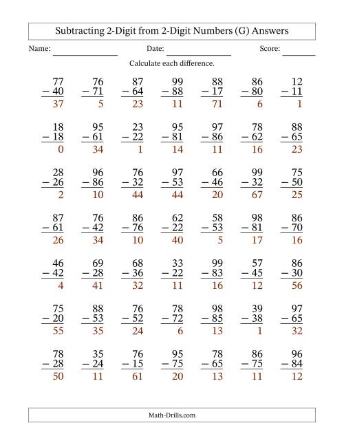 The Subtracting 2-Digit from 2-Digit Numbers With No Regrouping (49 Questions) (G) Math Worksheet Page 2