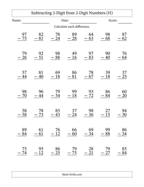 The Subtracting 2-Digit from 2-Digit Numbers With No Regrouping (49 Questions) (H) Math Worksheet