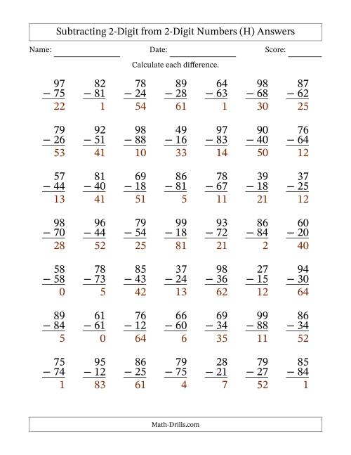 The Subtracting 2-Digit from 2-Digit Numbers With No Regrouping (49 Questions) (H) Math Worksheet Page 2
