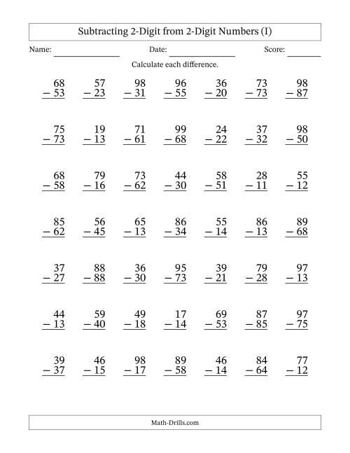 The Subtracting 2-Digit from 2-Digit Numbers With No Regrouping (49 Questions) (I) Math Worksheet