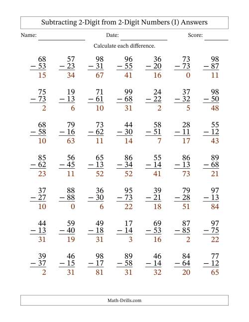 The Subtracting 2-Digit from 2-Digit Numbers With No Regrouping (49 Questions) (I) Math Worksheet Page 2