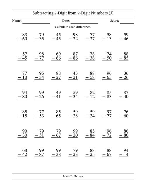 The Subtracting 2-Digit from 2-Digit Numbers With No Regrouping (49 Questions) (J) Math Worksheet