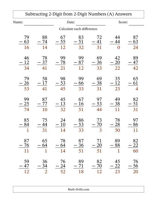 The Subtracting 2-Digit from 2-Digit Numbers With No Regrouping (49 Questions) (All) Math Worksheet Page 2