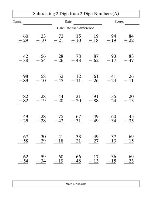 The Subtracting 2-Digit from 2-Digit Numbers With Some Regrouping (49 Questions) (A) Math Worksheet