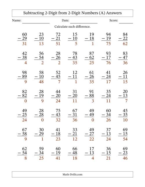 The Subtracting 2-Digit from 2-Digit Numbers With Some Regrouping (49 Questions) (A) Math Worksheet Page 2