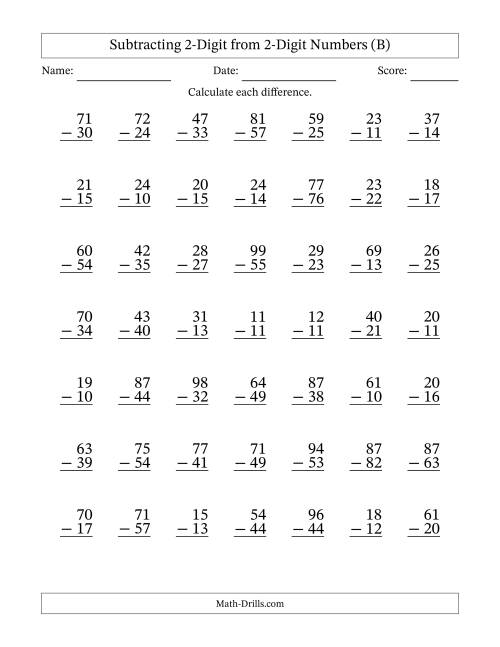 The Subtracting 2-Digit from 2-Digit Numbers With Some Regrouping (49 Questions) (B) Math Worksheet