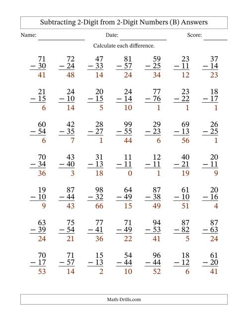 The Subtracting 2-Digit from 2-Digit Numbers With Some Regrouping (49 Questions) (B) Math Worksheet Page 2
