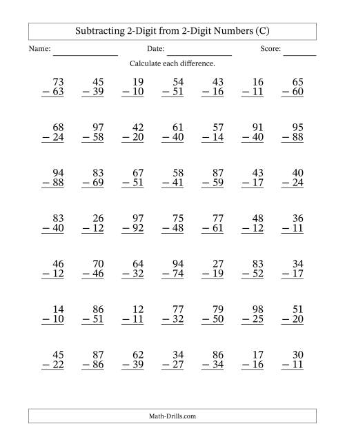 The Subtracting 2-Digit from 2-Digit Numbers With Some Regrouping (49 Questions) (C) Math Worksheet