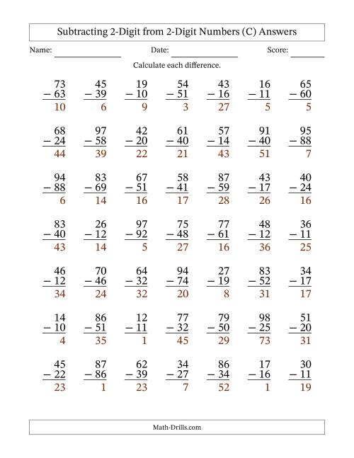 The Subtracting 2-Digit from 2-Digit Numbers With Some Regrouping (49 Questions) (C) Math Worksheet Page 2