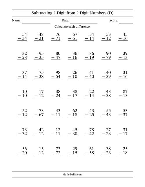 The Subtracting 2-Digit from 2-Digit Numbers With Some Regrouping (49 Questions) (D) Math Worksheet