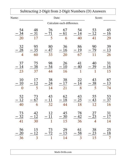 The Subtracting 2-Digit from 2-Digit Numbers With Some Regrouping (49 Questions) (D) Math Worksheet Page 2
