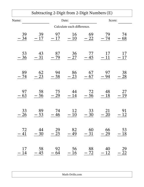 The Subtracting 2-Digit from 2-Digit Numbers With Some Regrouping (49 Questions) (E) Math Worksheet