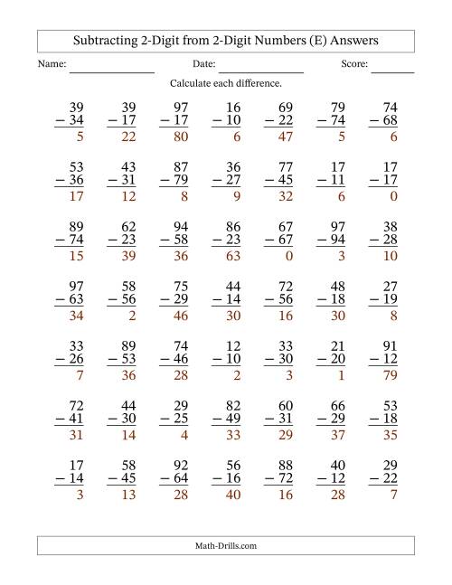 The Subtracting 2-Digit from 2-Digit Numbers With Some Regrouping (49 Questions) (E) Math Worksheet Page 2
