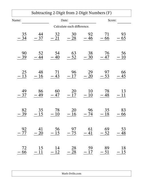 The Subtracting 2-Digit from 2-Digit Numbers With Some Regrouping (49 Questions) (F) Math Worksheet