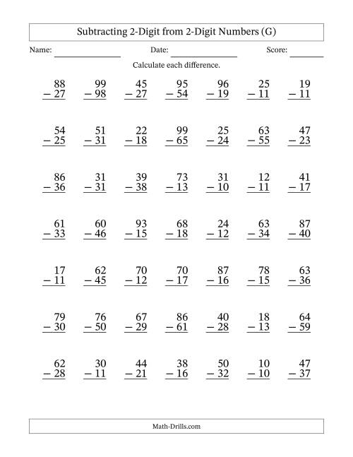 The Subtracting 2-Digit from 2-Digit Numbers With Some Regrouping (49 Questions) (G) Math Worksheet