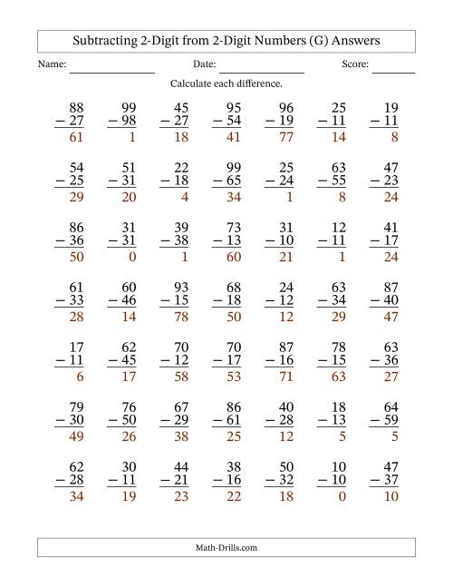 The Subtracting 2-Digit from 2-Digit Numbers With Some Regrouping (49 Questions) (G) Math Worksheet Page 2